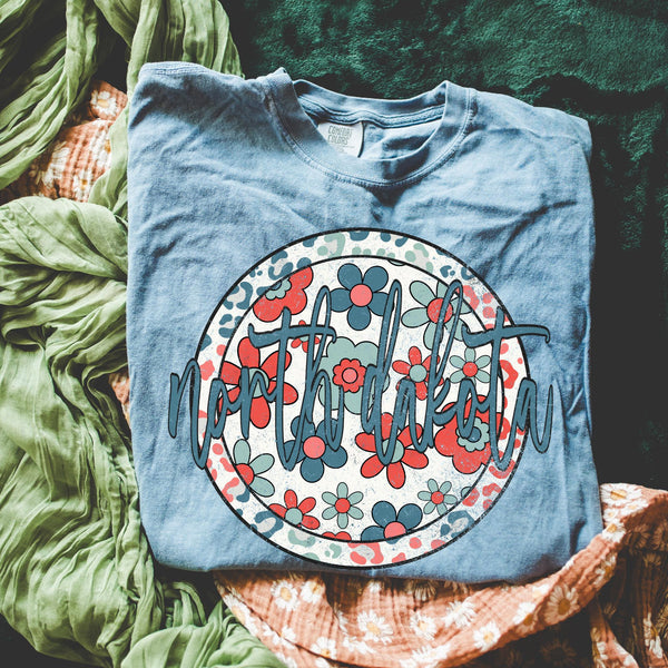 Retro Floral State Tee - Blue Jean