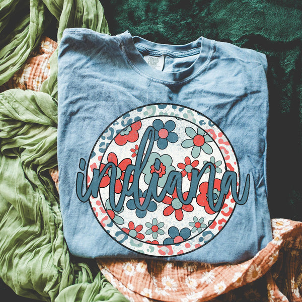 Retro Floral State Tee - Blue Jean