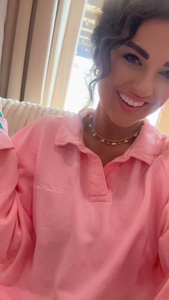 Neon Pink Dainty Mama Embroidered Split Neck Sweatshirt