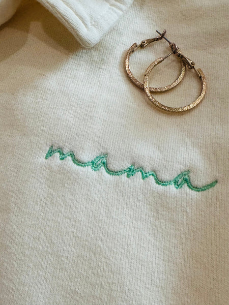 Ivory Dainty Mama Embroidered Split Neck Sweatshirt