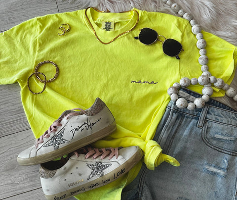 Neon Yellow Dainty Embroidered Mama Tee