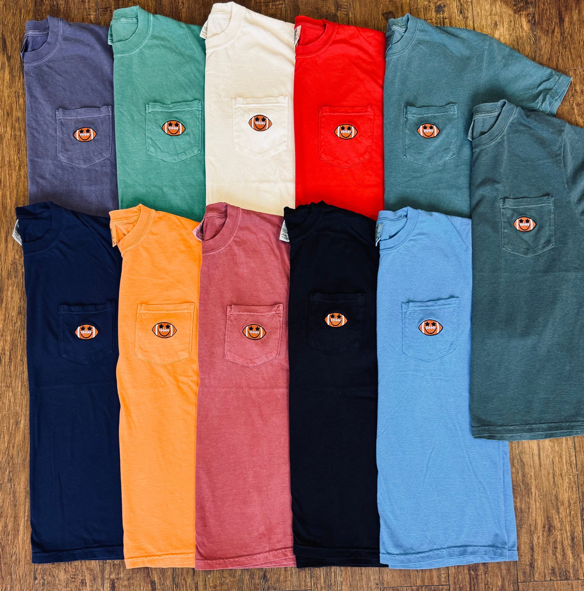 Football Smiley Embroidered Pocket Pick Your Color Tee