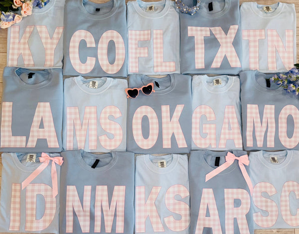 Custom Pink Gingham State Sweatshirt/Tee *ANY STATE*