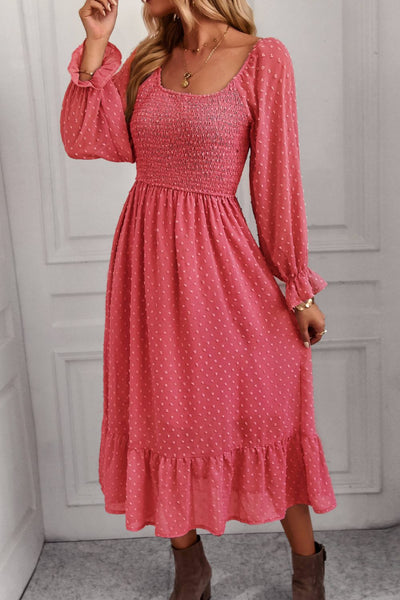 Swiss Dot Smocked Ruffle Hem Flounce Sleeve Dress