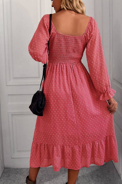 Swiss Dot Smocked Ruffle Hem Flounce Sleeve Dress