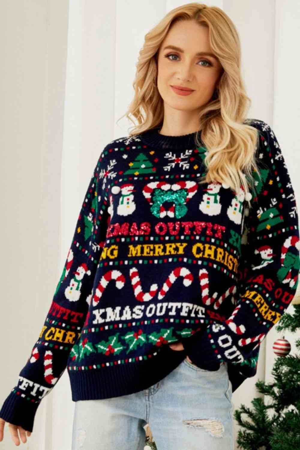 Christmas Print Crewneck Dropped Shoulder Sweater